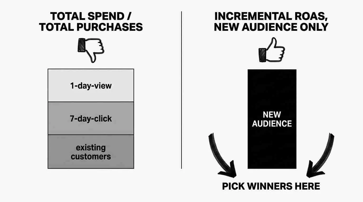 Comparison of default Meta Ads attribution versus incremental new-audience ROAS