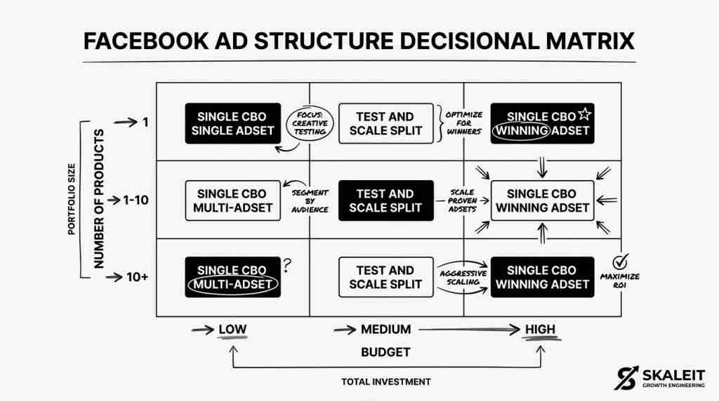 Facebook ad structure decisional matrix showing recommended campaign setups by budget and product count post-Andromeda