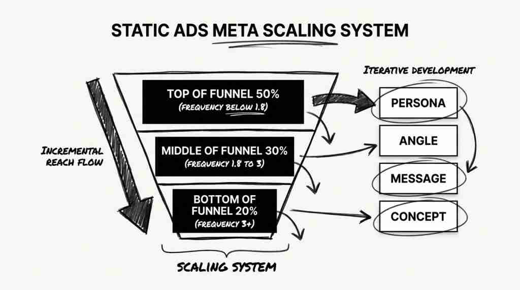 Static ads Meta strategy diagram showing 50-30-20 funnel split and persona-angle-message-concept framework
