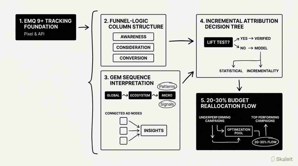 Diagram of the 5-step Meta ads analysis system for ecommerce brands post-Andromeda 2026