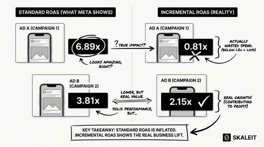 Comparison diagram showing how Meta ads standard ROAS of 6.89x drops to 0.81x incremental attribution, revealing fake winning ads