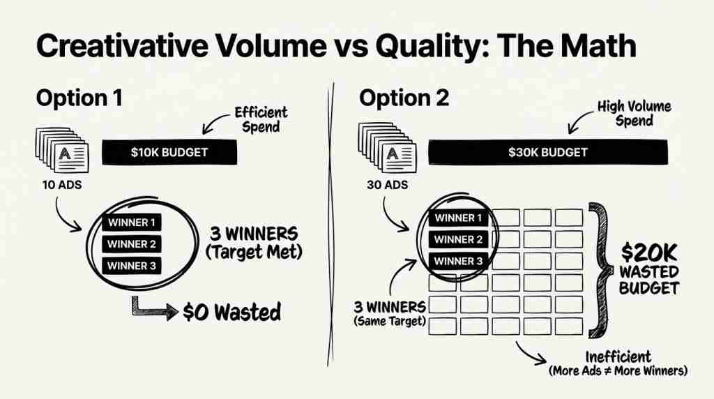 Diagram comparing 10 high-quality Meta ads at $10K budget vs 30 volume-based Meta ads at $30K budget, both producing 3 winners, showing $20K in wasted ad spend
