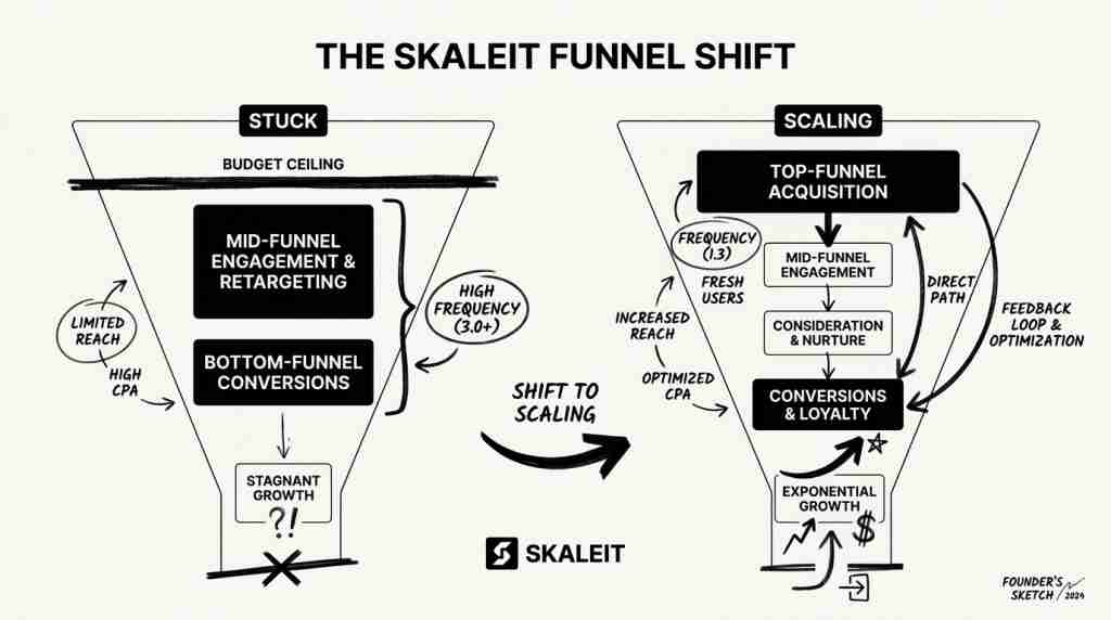 Diagram comparing stuck Meta ad account scaling at middle funnel vs scaling account fed by top-of-funnel low-frequency ads