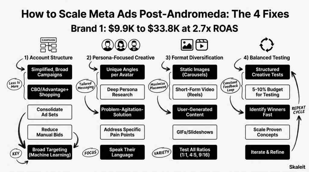 Diagram showing the four structural fixes to scale Meta ads post-Andromeda with documented ROAS results