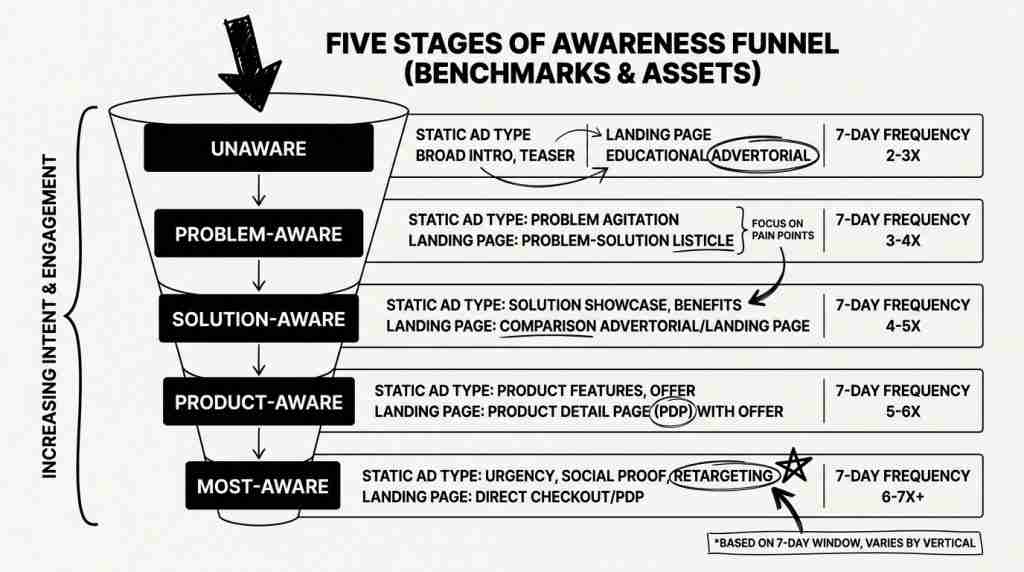 Full-funnel static ads framework on Meta showing awareness stages, ad types, landing pages, and frequency benchmarks