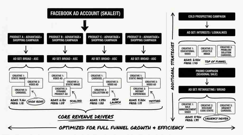 Facebook ad account structure diagram showing product-specific ASC campaigns delivering 7.16x ROAS