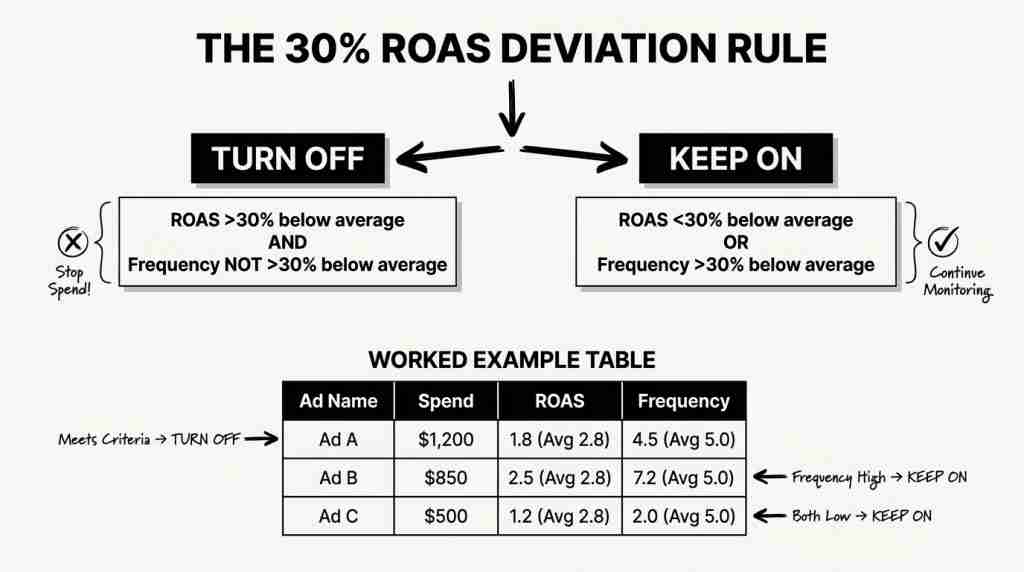 Skaleit 30% ROAS deviation rule decision framework for turning off Meta's top-spending underperforming ads