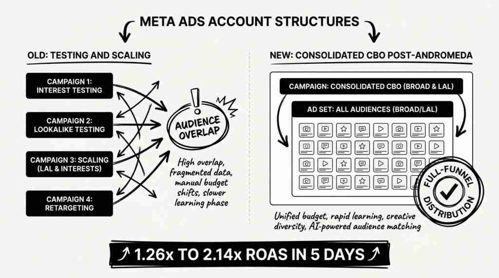 Diagram comparing old testing-and-scaling Meta ads structure to new consolidated CBO structure post-Andromeda