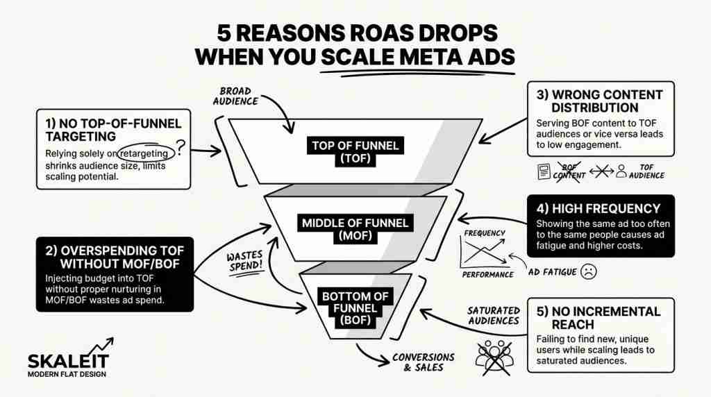 Diagram showing the 5 reasons ROAS drops when scaling Meta ads, mapped across top, middle, and bottom of funnel stages