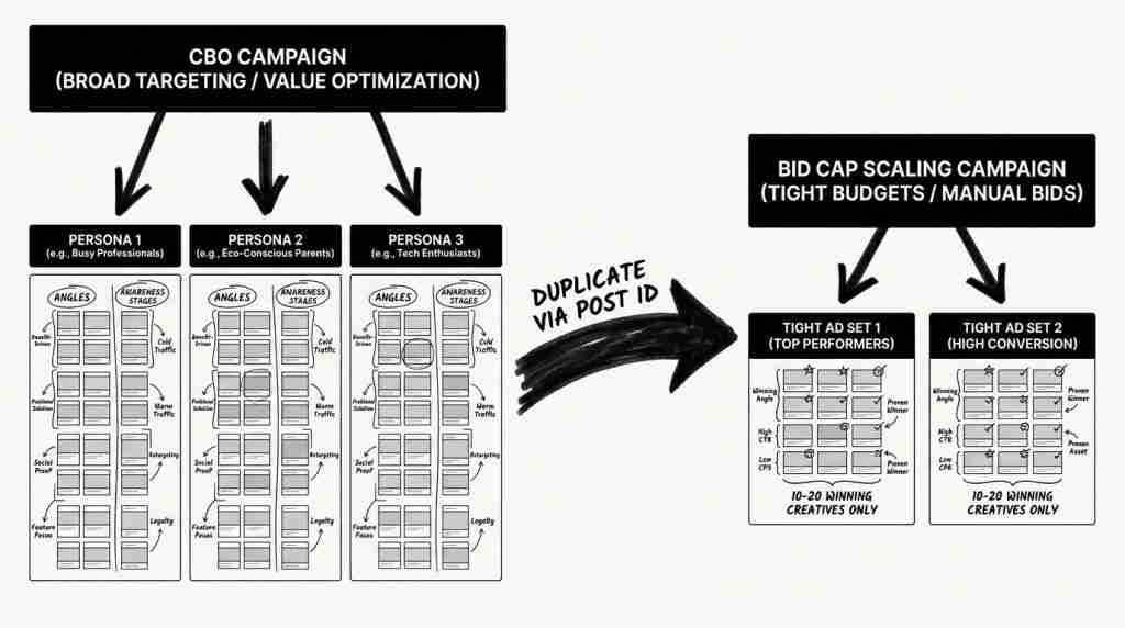 Diagram of Skaleit's CBO plus bid cap scaling system to profitably scale Meta ads