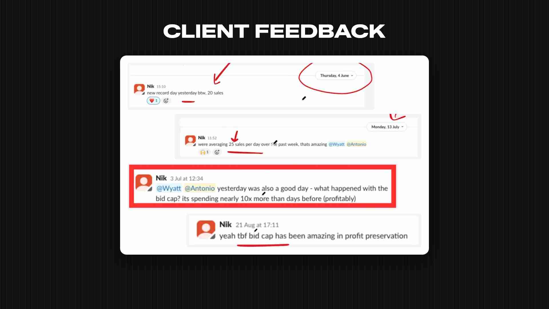 Client feedback from a parenting brand on Slack: record sales days and a bid cap campaign spending 10x more, profitably
