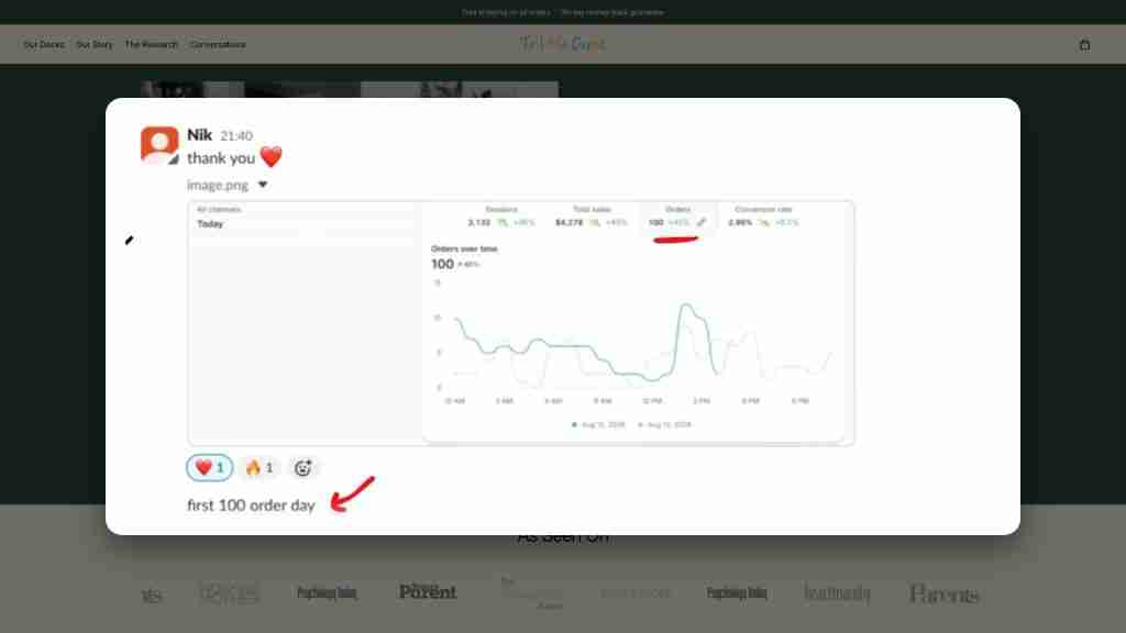 Facebook ads for kids brands case study: Tell Me Cards founder's Slack message celebrating the first 100 order day